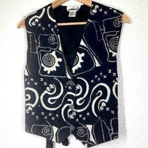 Vintage 80s Boho Vest Embellished Black and White Large Retro